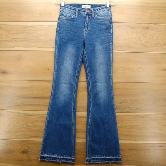 Flying Monkey Jeans Womens 26 Blue High Rise Flare Raw Hem Stretch Denim Y3974-S - Picture 1 of 14
